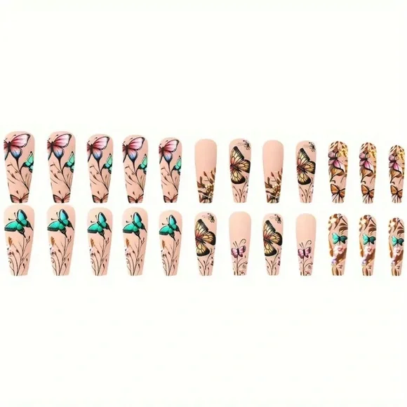 Butterfly Nail Art Floral Design coffin shape 24 pc Matte reusable Medium NWT - Picture 7 of 10